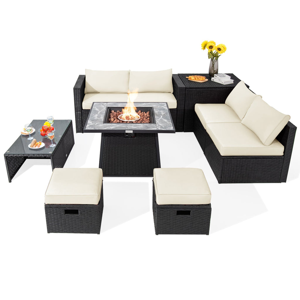 9-Piece Black Wicker Sectional Set with 35-Inch Gas Fire Pit Table