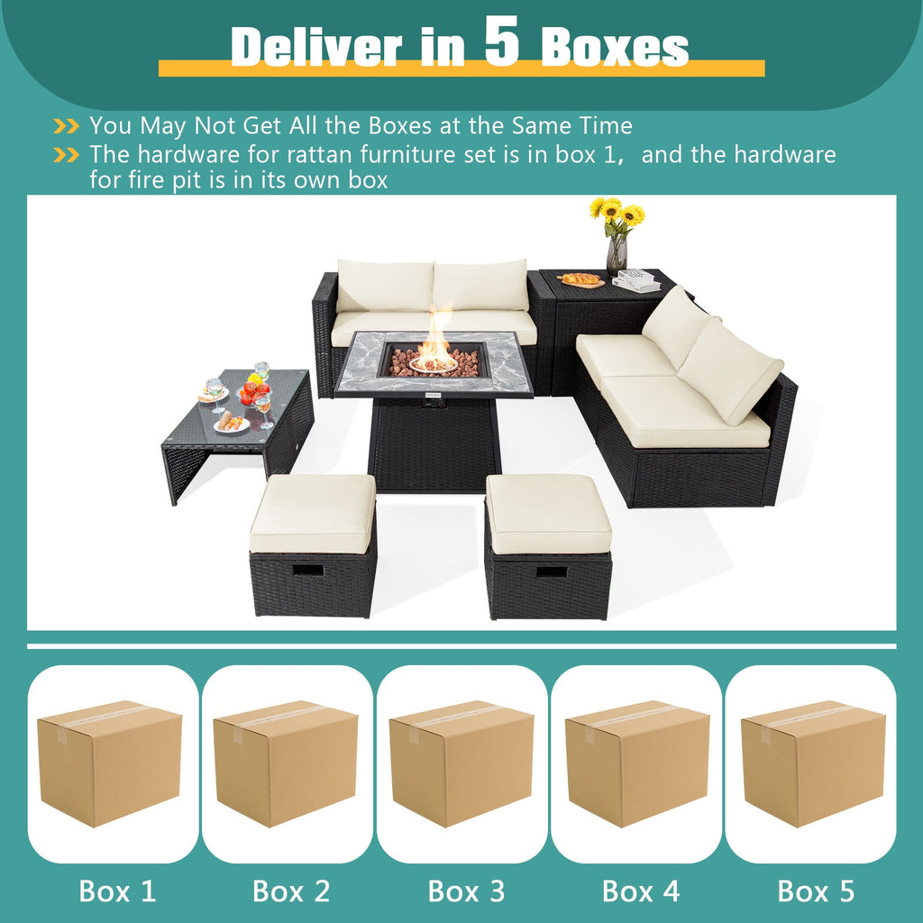 9-Piece Black Wicker Sectional Set with 35-Inch Gas Fire Pit Table