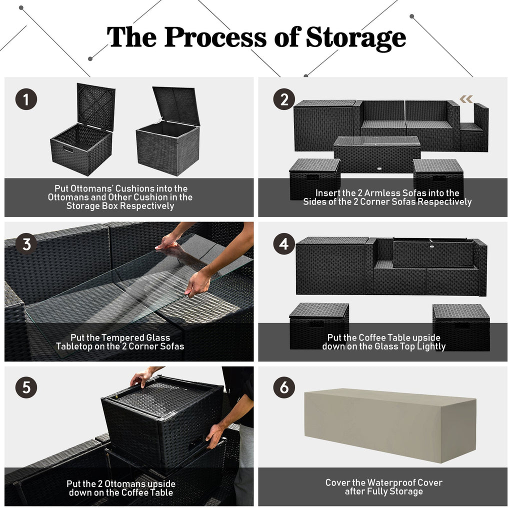 9-Piece Black Wicker Sectional Set with 35-Inch Gas Fire Pit Table