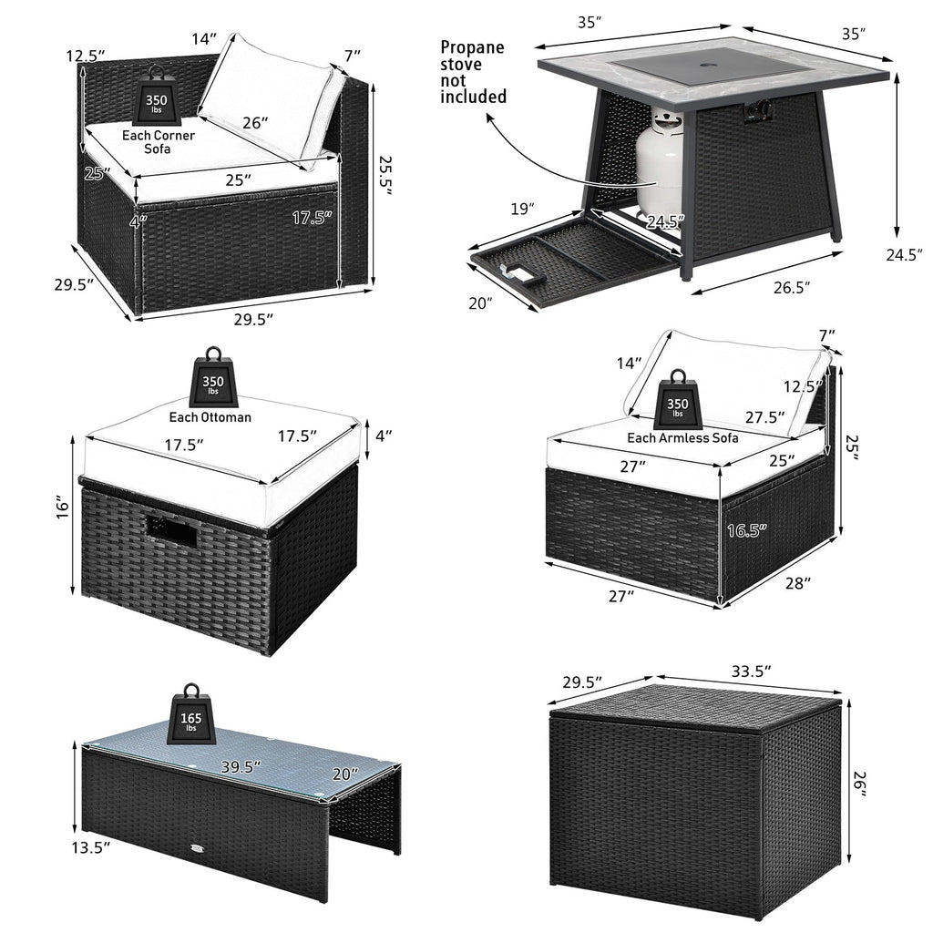 9-Piece Black Wicker Sectional Set with 35-Inch Gas Fire Pit Table