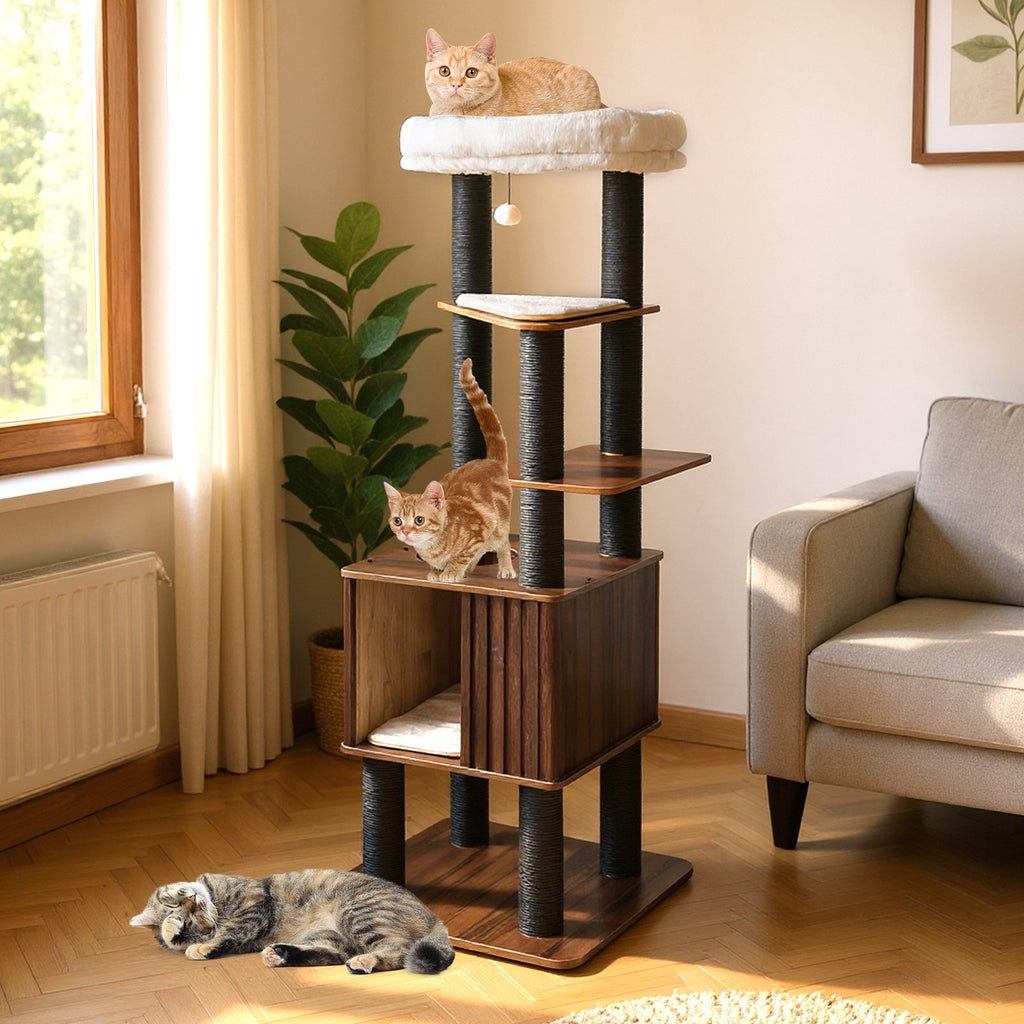 6-Level Wooden Cat Tower with Padded Top Perch and Condo – Brown