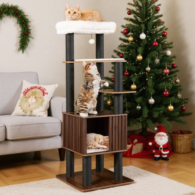 6-Level Wooden Cat Tower with Padded Top Perch and Condo – Brown