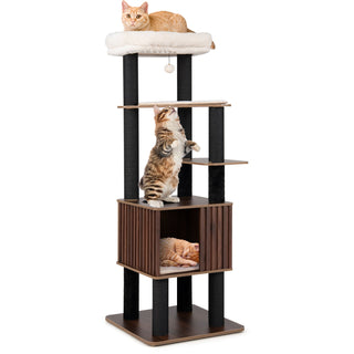 6-Level Wooden Cat Tower with Padded Top Perch and Condo – Brown