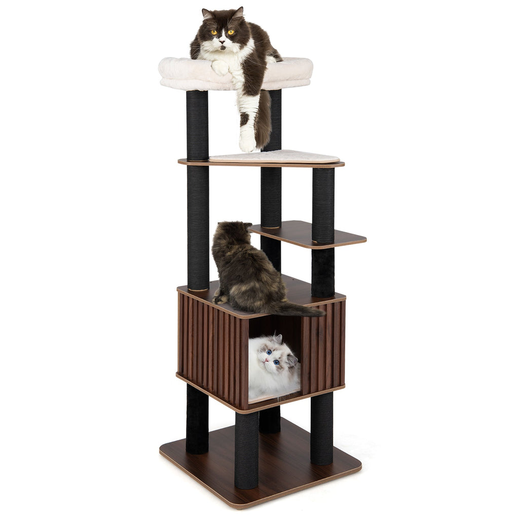 6-Level Wooden Cat Tower with Padded Top Perch and Condo – Brown