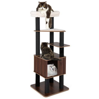 6-Level Wooden Cat Tower with Padded Top Perch and Condo – Brown