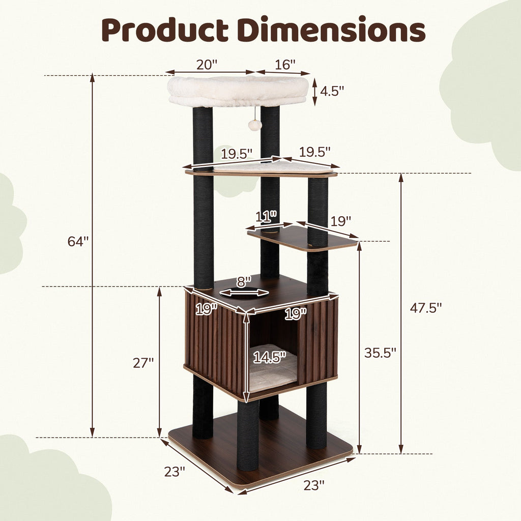 6-Level Wooden Cat Tower with Padded Top Perch and Condo – Brown