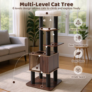 6-Level Wooden Cat Tower with Padded Top Perch and Condo – Brown