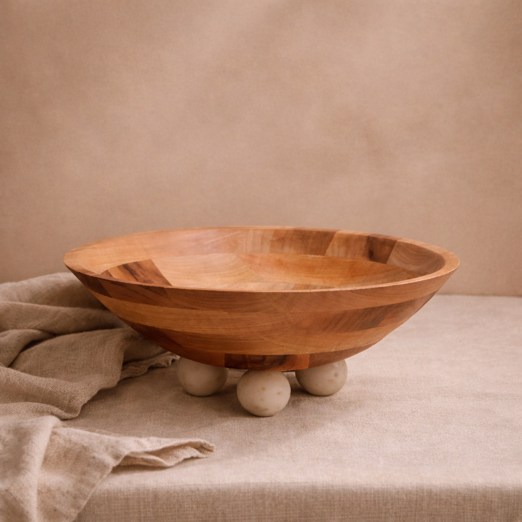 Arjun Wood & White Marble Sculptural Serving Bowl