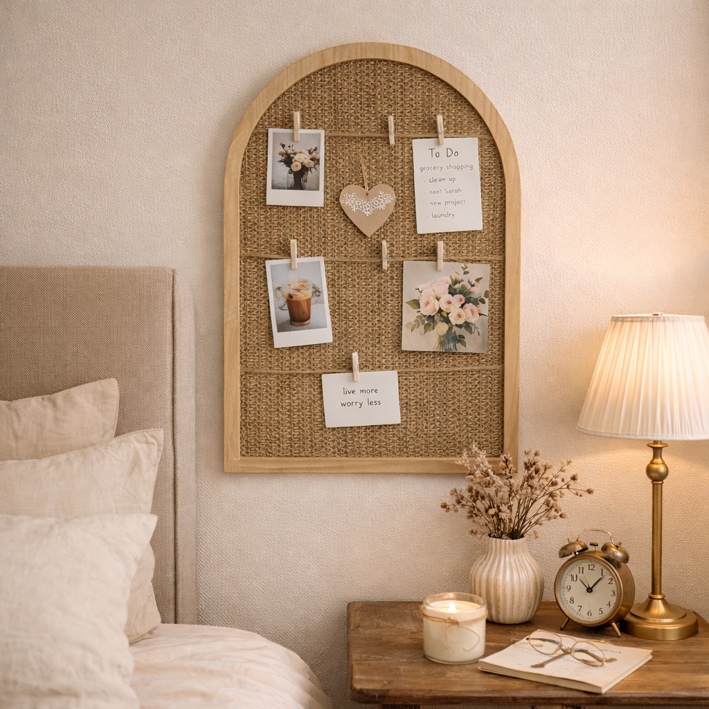 Arched Rattan and Wood Photo Display Board with Clips