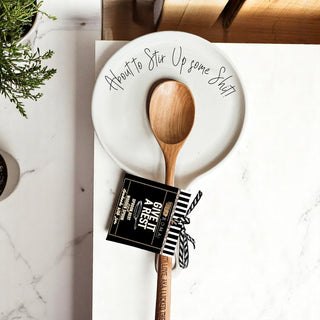 “Stir Up Sh*t” Funny Spoon Rest with Wooden Spoon – Porcelain Kitchen Gift