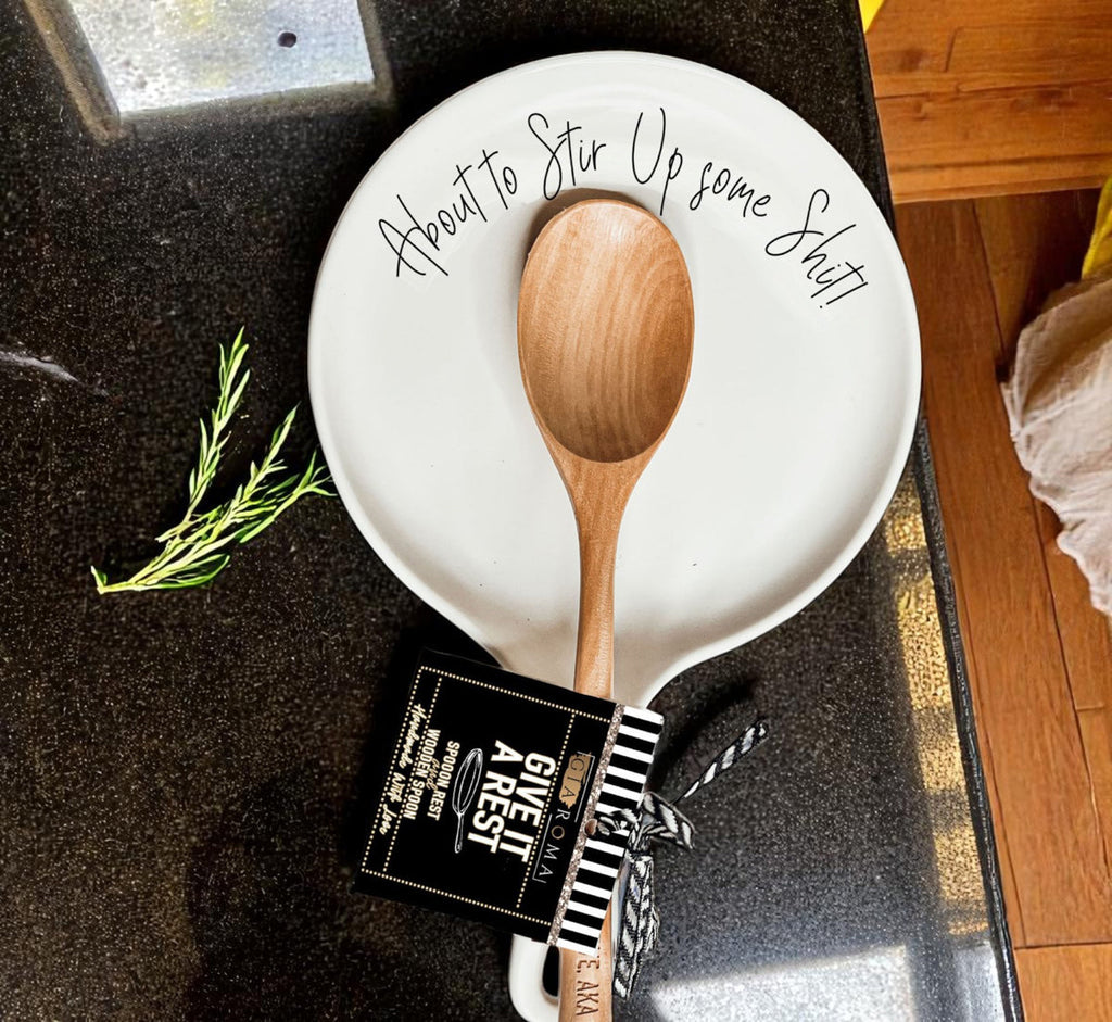 “Stir Up Sh*t” Funny Spoon Rest with Wooden Spoon – Porcelain Kitchen Gift