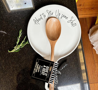 “Stir Up Sh*t” Funny Spoon Rest with Wooden Spoon – Porcelain Kitchen Gift