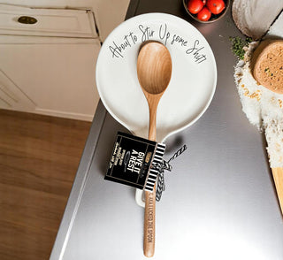 “Stir Up Sh*t” Funny Spoon Rest with Wooden Spoon – Porcelain Kitchen Gift
