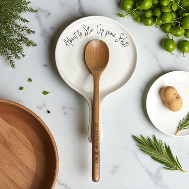 “Stir Up Sh*t” Funny Spoon Rest with Wooden Spoon – Porcelain Kitchen Gift