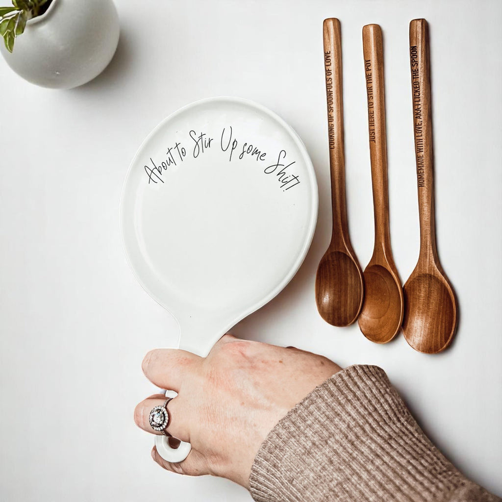 “Stir Up Sh*t” Funny Spoon Rest with Wooden Spoon – Porcelain Kitchen Gift