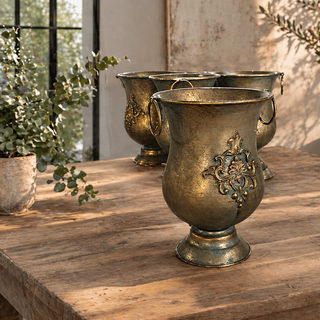 Distressed Vintage-Style Iron Urn Planter with Handles