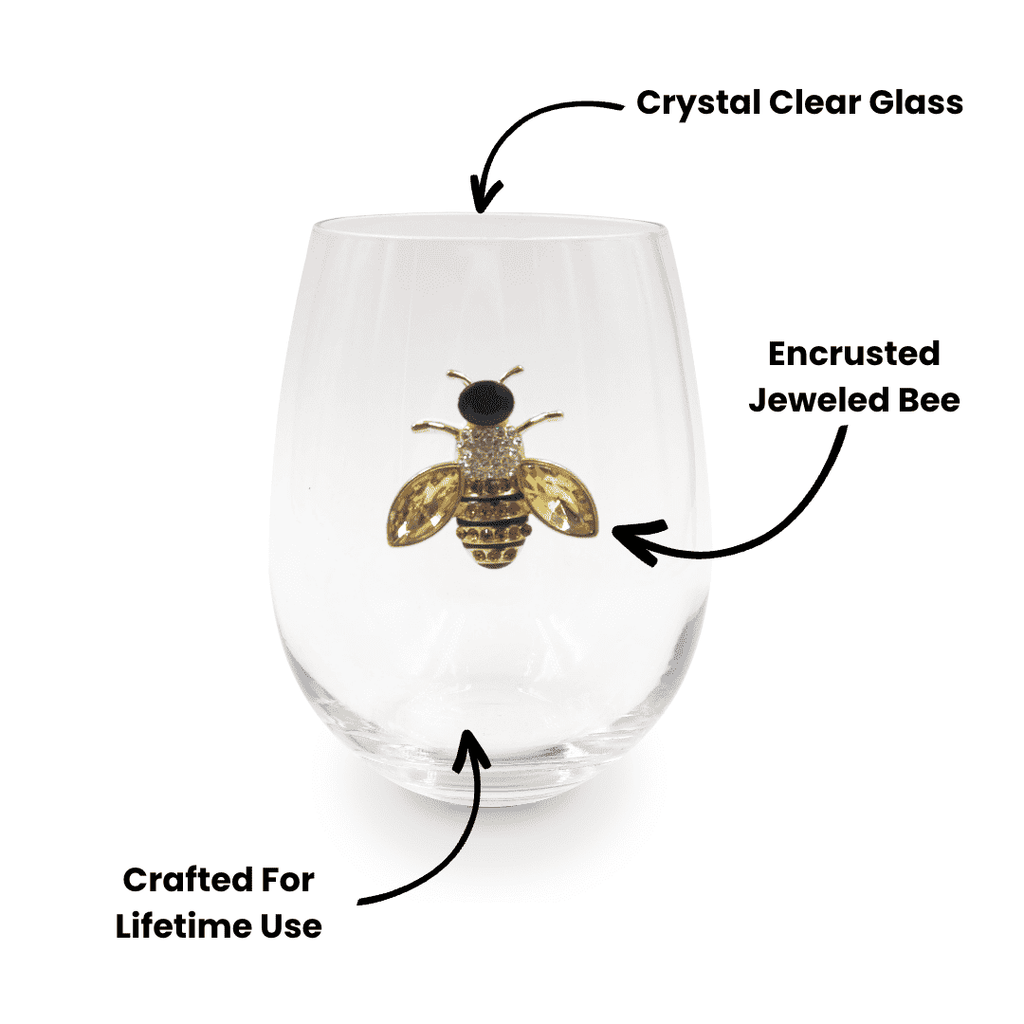 Jeweled Golden Bee Stemless Wine Glasses – Set of 2