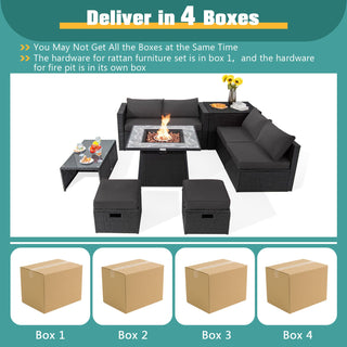 9-Piece Black Wicker Sectional Set with 35-Inch Gas Fire Pit Table