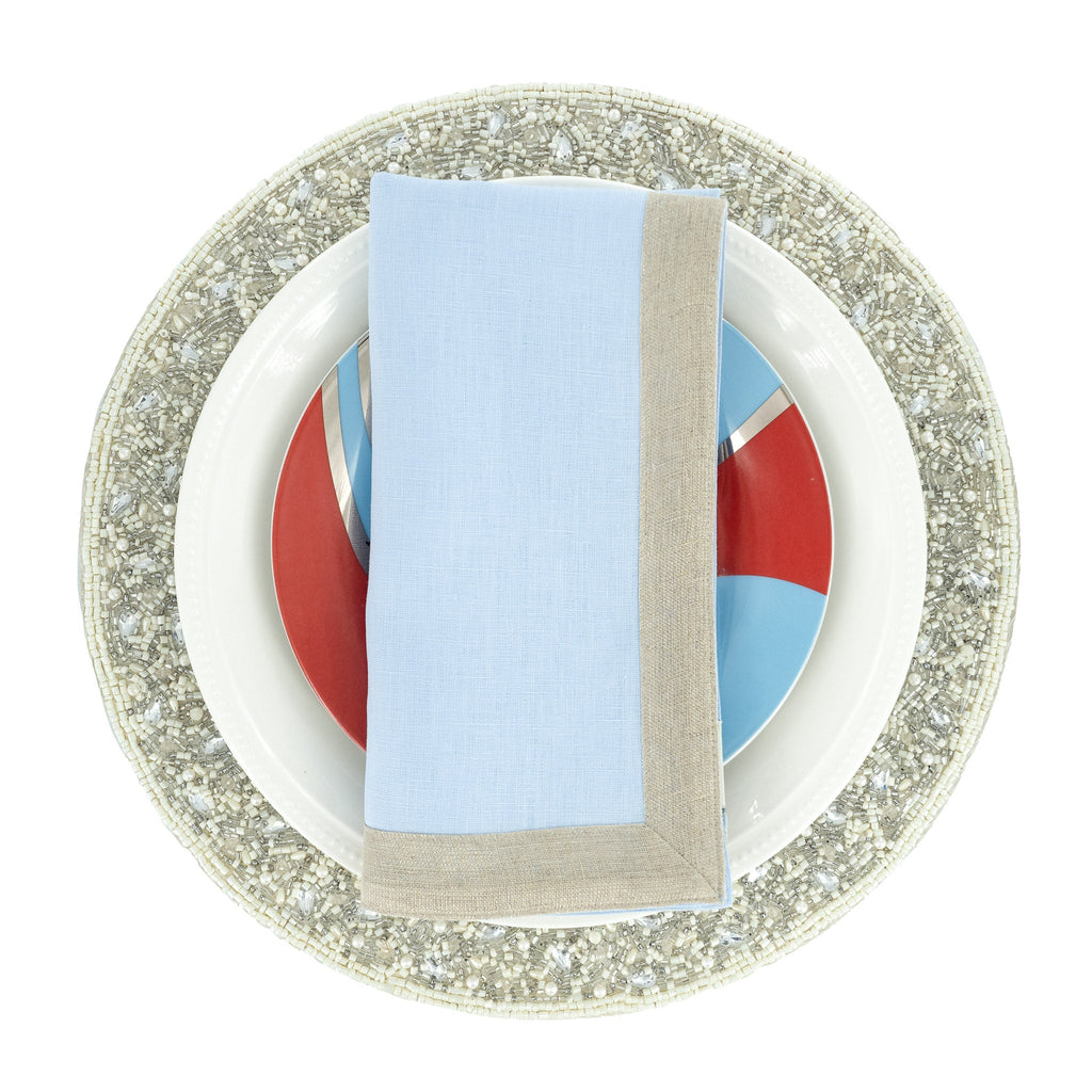 Blue Linen Napkins With Sparkle Borders, Set of 4