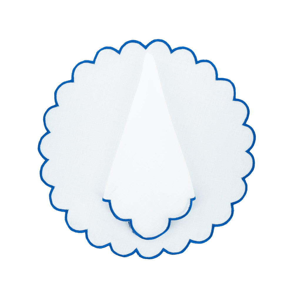 Blue Scalloped Linen Napkins, Set of 4