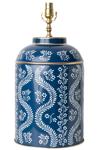 Navy Ikat Trellis Tea Caddy Table Lamp – Hand-Painted Chinoiserie Metal Lamp