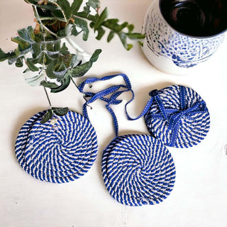 Blue & White Braided Rope Coasters – Coastal Cotton Drink Coasters (Set of 4)