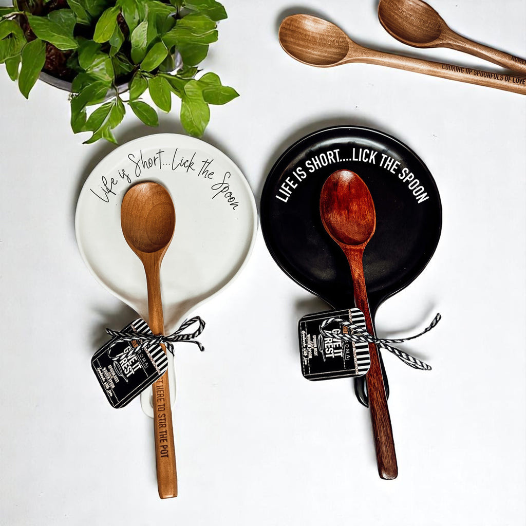 Funny Baking Spoon Rest with Wooden Spoon – Porcelain Kitchen Spoon Holder