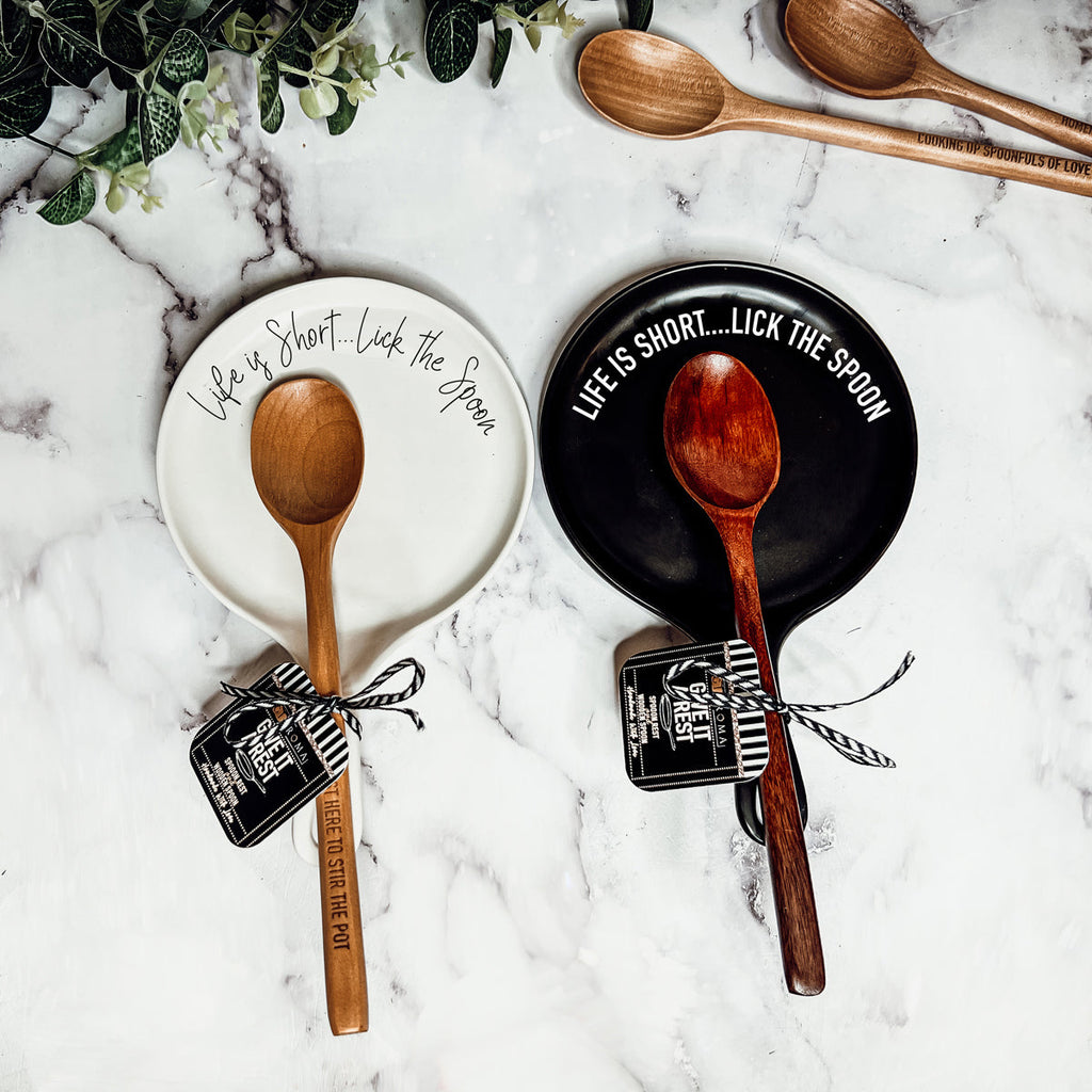 Funny Baking Spoon Rest with Wooden Spoon – Porcelain Kitchen Spoon Holder