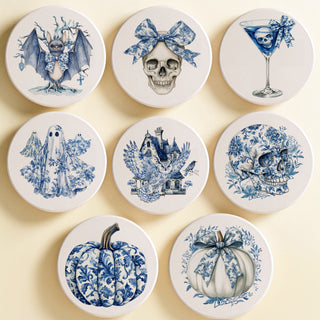 Blue & White Chinoiserie Halloween Coasters – Set of 8 Designs