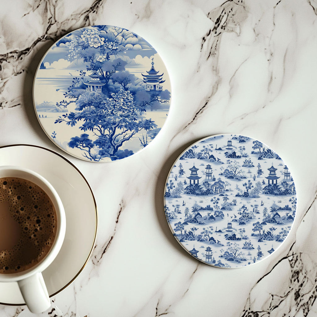 Blue & White Chinoiserie Ceramic Coasters – Classic Porcelain-Inspired Designs