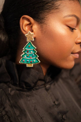 Christmas Tree Beaded Earring - Gold Star Top