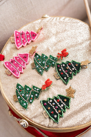 Christmas Tree Beaded Earrings with Red Bow