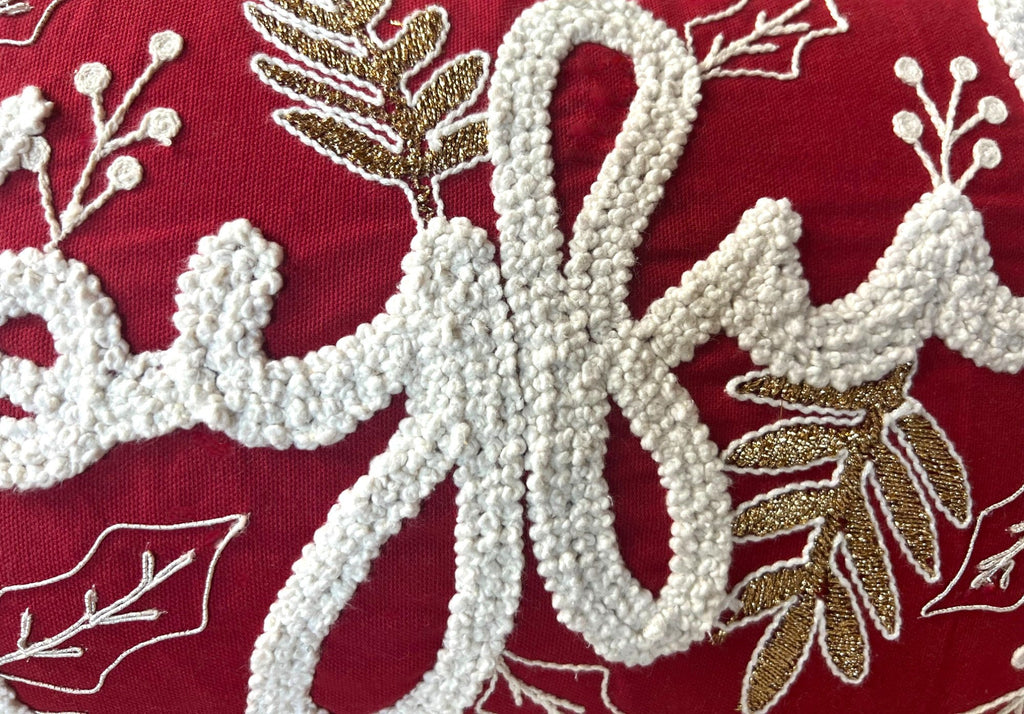 Joyful Gold and Red Embroidered Christmas Pillow – Holiday Collection