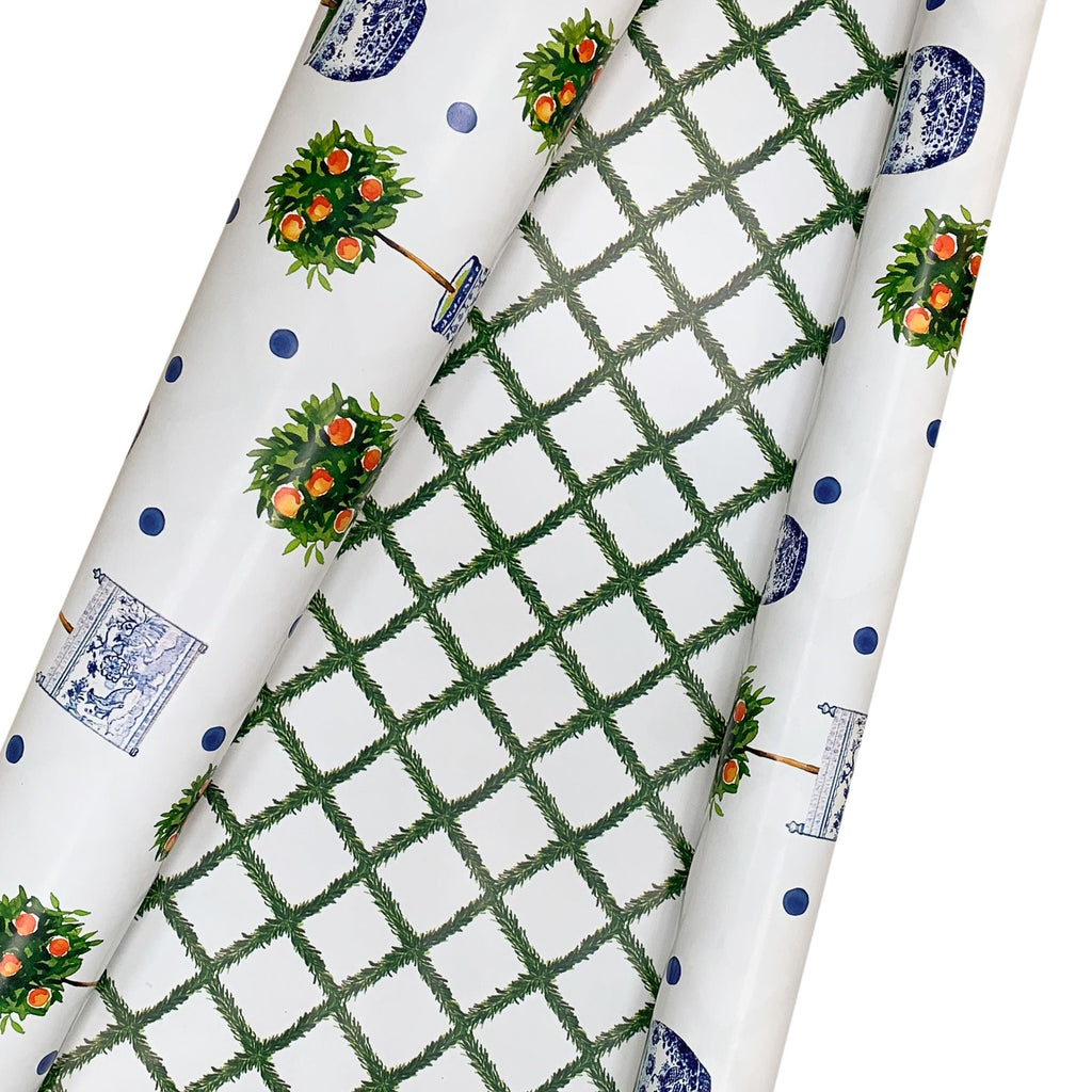 Reversible Orange Topiary & Trellis Gift Wrap | Elegant Double-Sided Wrap
