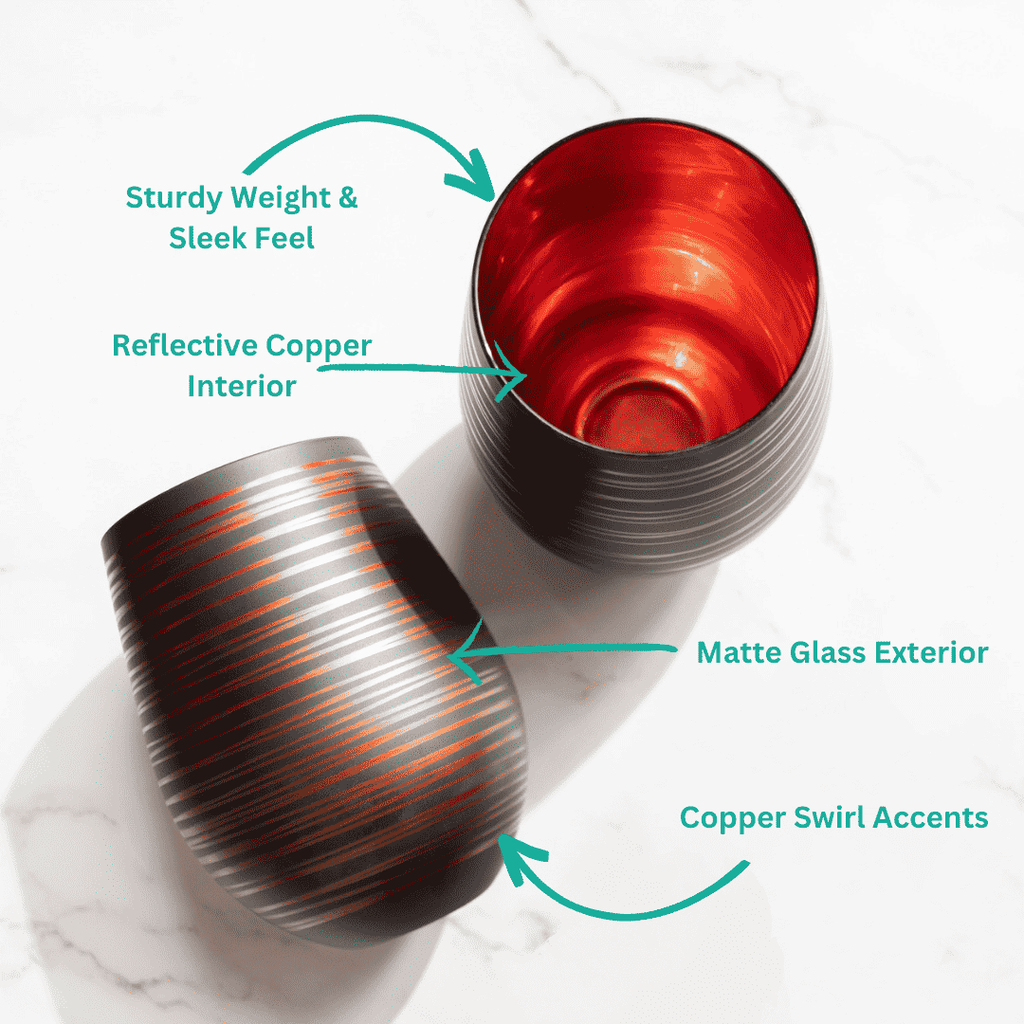 Black Swirl Stemless Wine Glasses with Copper Interior – Set of 2