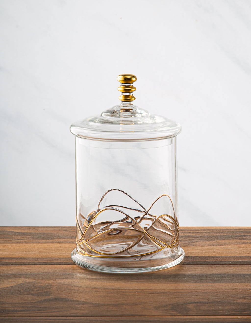 Elegant Glass Storage Jar with 14K Gold Swirl Design-Medium