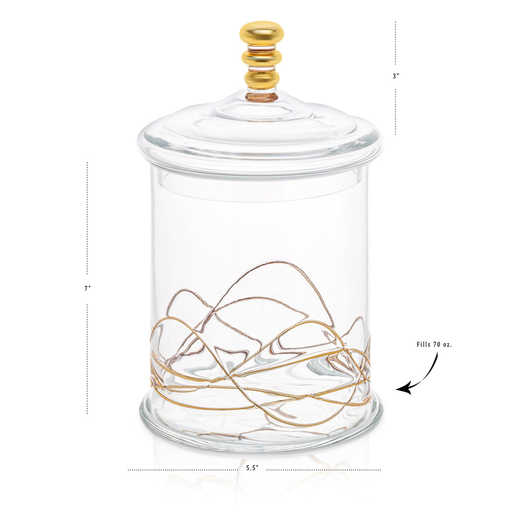Elegant Glass Storage Jar with 14K Gold Swirl Design-Medium