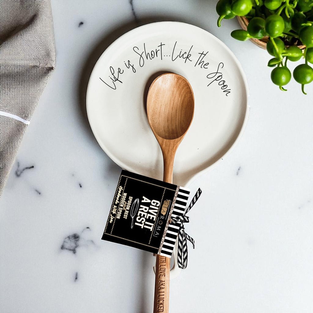 Lick the Spoon Cursive Spoon Rest with Wooden Spoon – Funny Porcelain Kitchen Gift