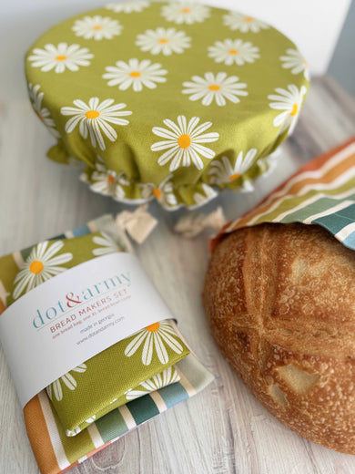 Elegant Bread Maker Set with Bowl Cover & Bread Bag – Daisy & Stripe Collection