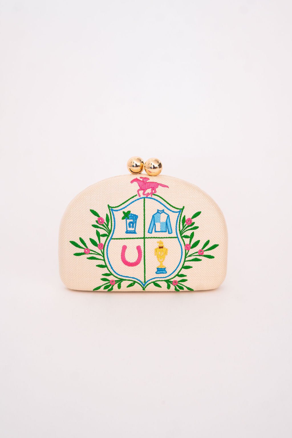 Derby Embroidered Clutch with Gold Chain Strap – Oval Evening Bag
