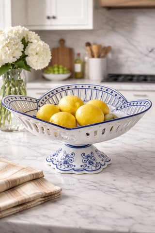 Blue & White Scalloped Pedestal Bowl