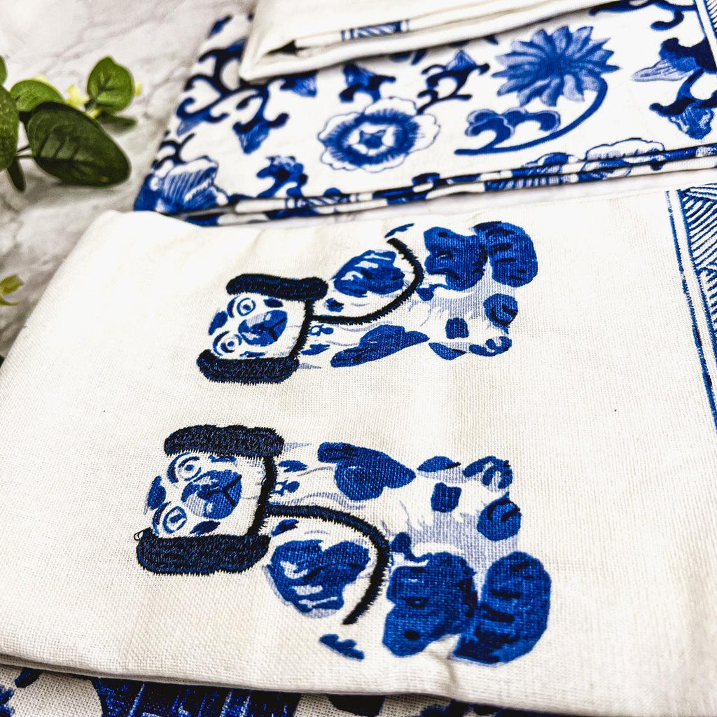Chinoiserie Embroidered Dish Towels with Tassels – Blue & White Cotton Kitchen Towels