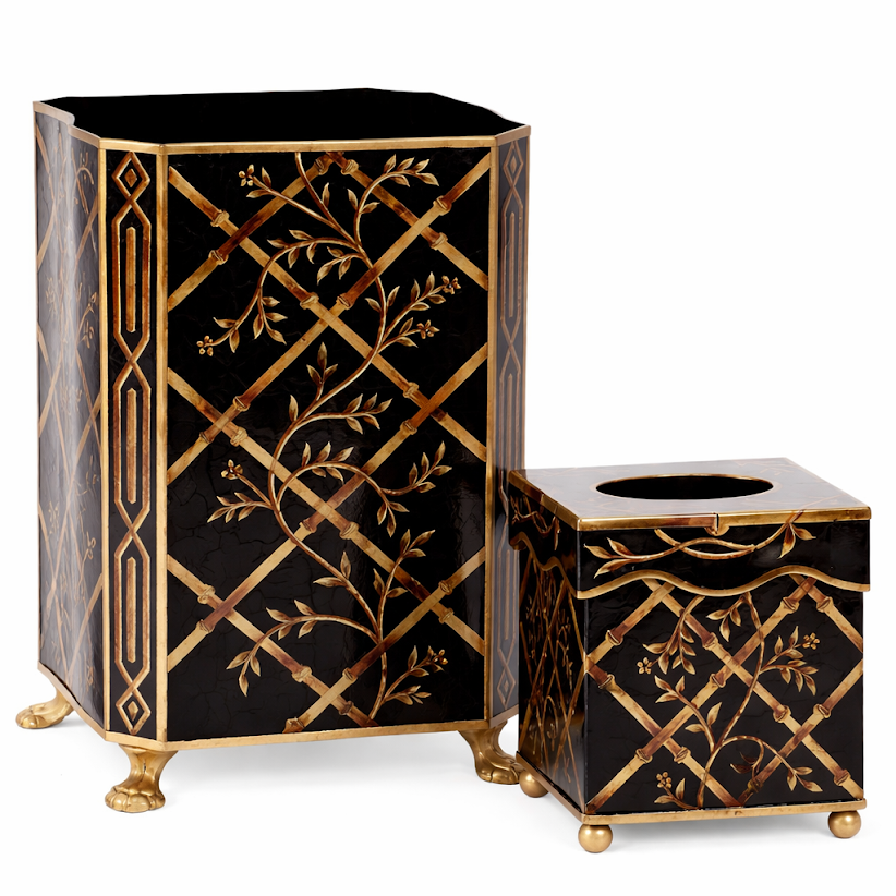 Black Bamboo & Floral Wastepaper Basket & Tissue (3 Options) | Elegant Bath Décor