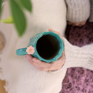 Cactus Ceramic Mug with Floral Handle -12 oz Coffee & Tea Mug