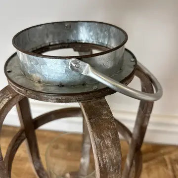 Rustic Wood and Metal Lantern with Glass Hurricane
