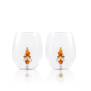 Hand-Blown 3D Pumpkin Gnome Stemless Wine Glasses – Set of 2