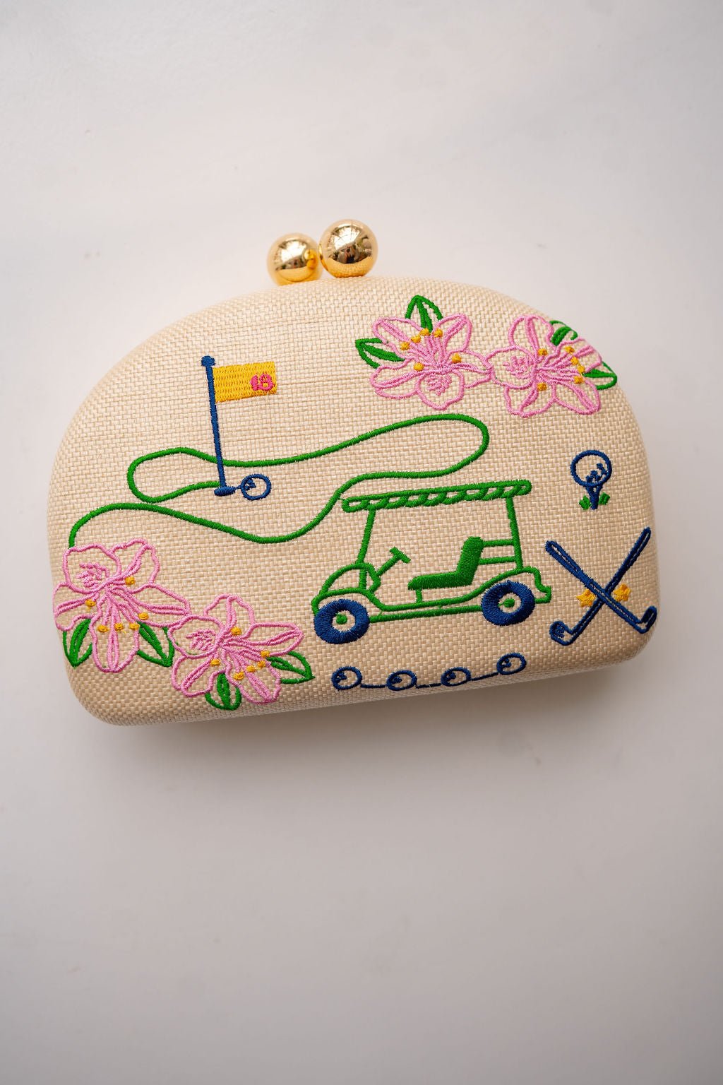 Golf Embroidered Raffia Clutch with Gold Chain