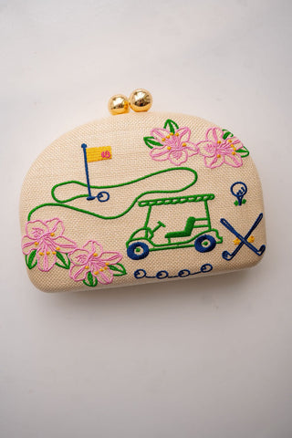 Golf Embroidered Raffia Clutch with Gold Chain
