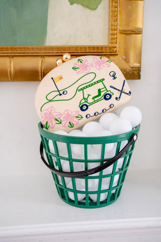 Golf Embroidered Raffia Clutch with Gold Chain