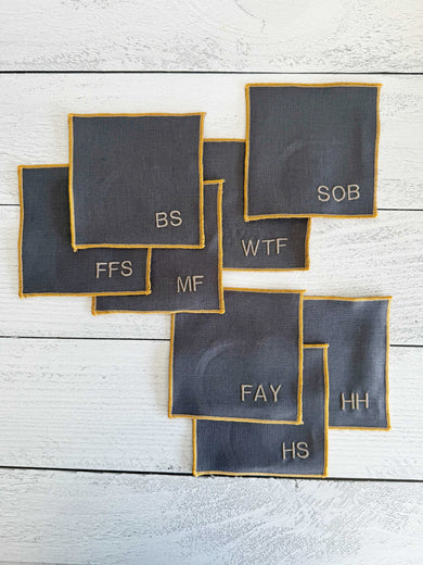 Elegant Grey Linen Cocktail Coasters with Yellow Edge – 8-Piece Bar Set
